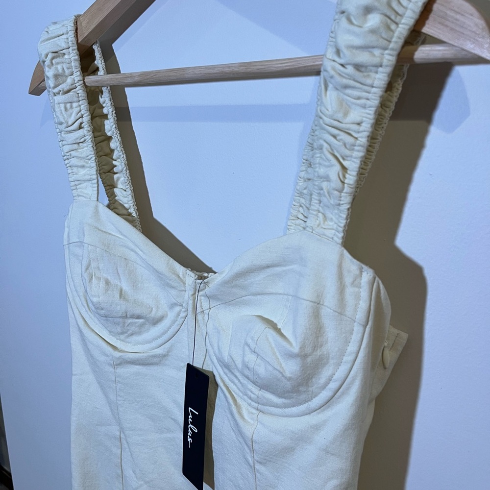 LuLus Amyra Cream Cap Sleeve Bustier Midi Wedding Bridal Dress NWT - Picture 7 of 13